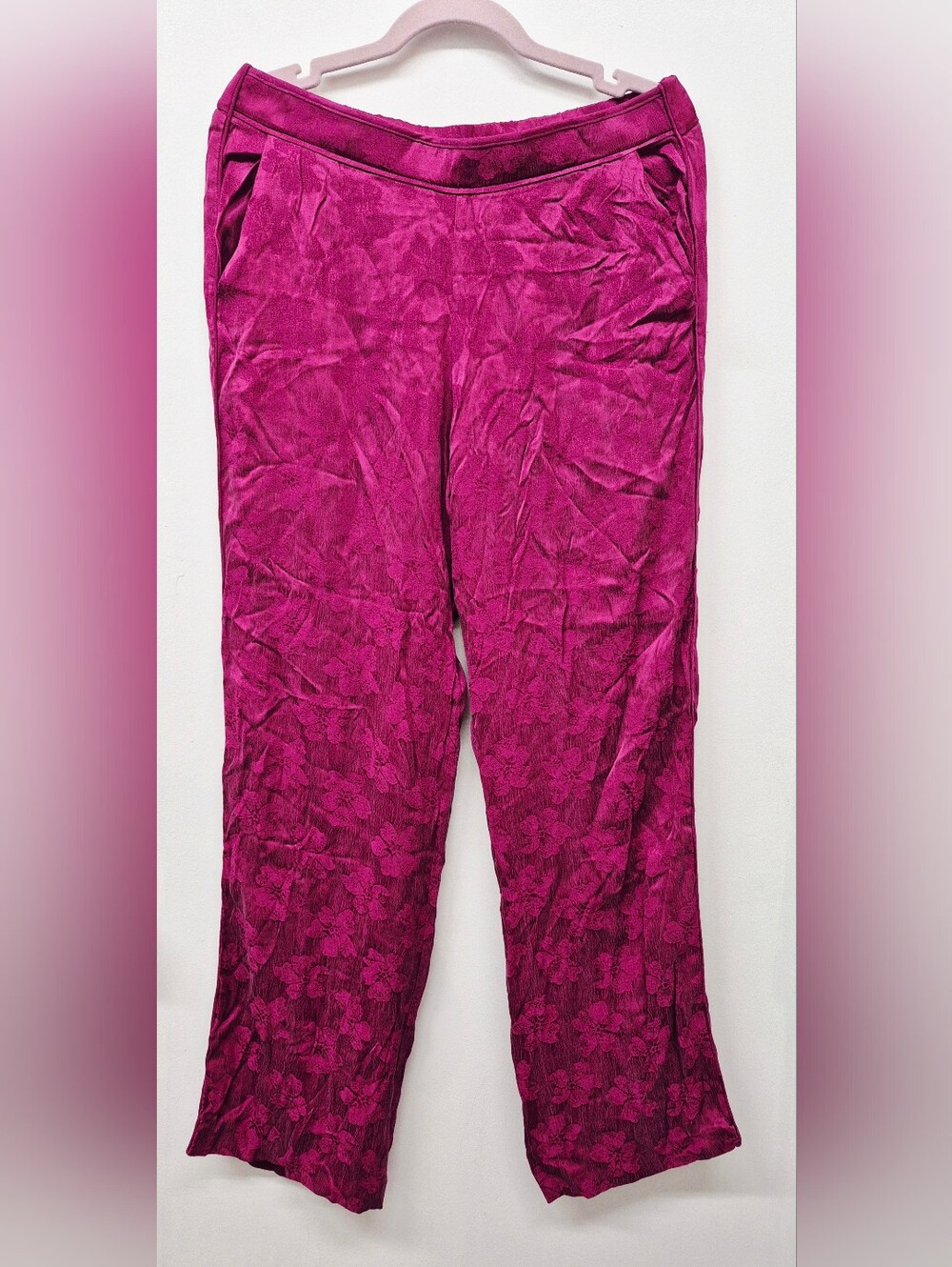 Zara Magenta Hot Pink Floral Pants Elastic Waist Medium Trousers